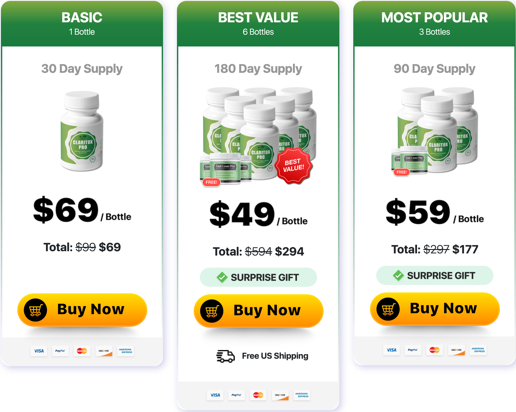 Claritox Pro pricing packages: 1 bottle $69, 3 bottles $59 per bottle, 6 bottles $49 per bottle