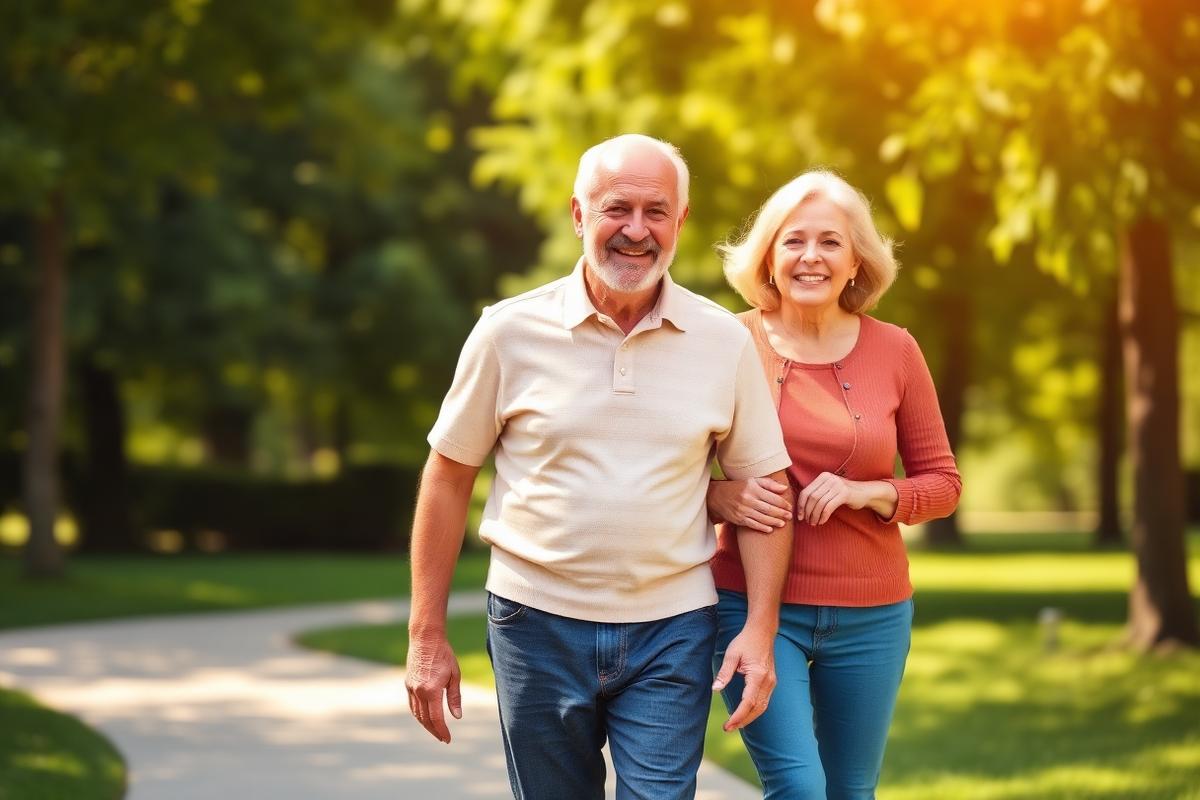 Older couple walking steadily outdoors, illustrating everyday balance confidence